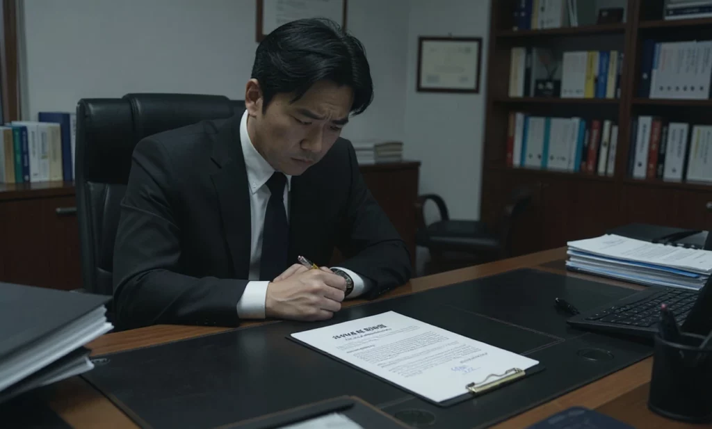 근로계약서 미작성 벌금 사무실 책상 위, 500만 원 과태료 통지서를 바라보며 후회하는 남성 사장, 근로계약서가 서명 없이 놓여 있음
