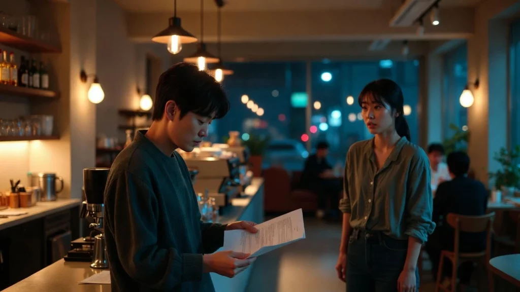 카페에서 근로계약서 사장과 알바가 확인 중이다.