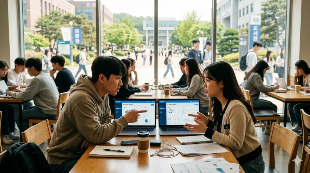 대학생 클라우드 추천 학생회관 휴게실에서 노트북 두 대를 놓고 서로 다른 클라우드 화면을 보며 열띠게 토론하는 남녀 대학생이다
