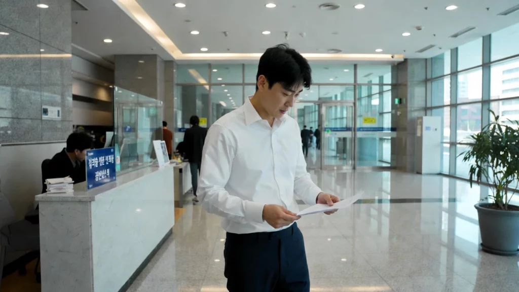 부당해고 구제신청 30대 남성 근로자가 회사 로비에서 근로계약서와 통지서를 확인한다.