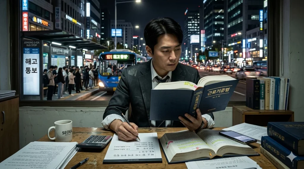 부당해고 예고수당 관련 남성이 근로기준법 책을 보고 책상에서 필기하고 있다.