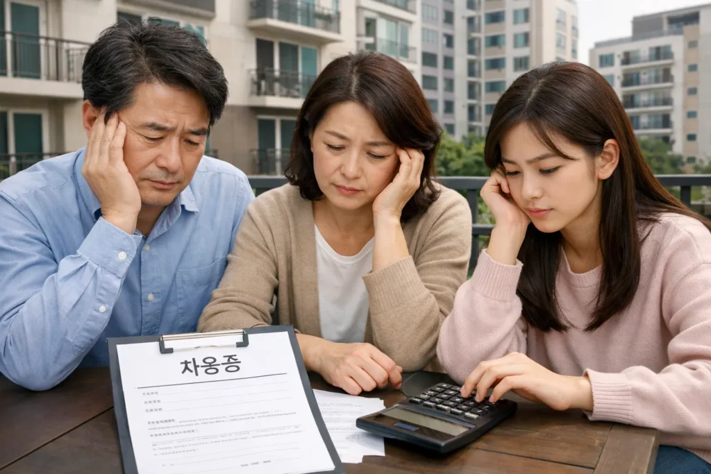 부동산 증여세 피하는 법 가족 세명이 머리를 맞대고 차용증 작성하고 있다