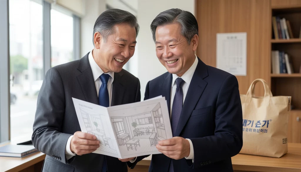 소상공인 손실보전금 폐업을 정리하고 밝은 표정으로 새로운 가게 인테리어를 구상하는 중년 사장님이다