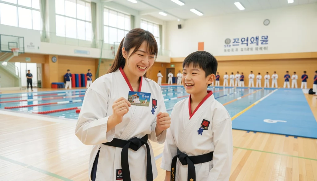 스포츠 바우처 학원비 밝은 체육관에서 스포츠 바우처 카드를 손에 든 엄마와 태권도복을 입은 초등학생 자녀의 모습이다