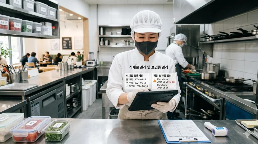 식품위생법 위반 영업정지 청결한 오픈 주방에서 위생모와 마스크를 착용한 사장님이 디지털 태블릿으로 식재료 유통기한과 보건증 갱신 날짜를 꼼꼼히 체크하는 모습