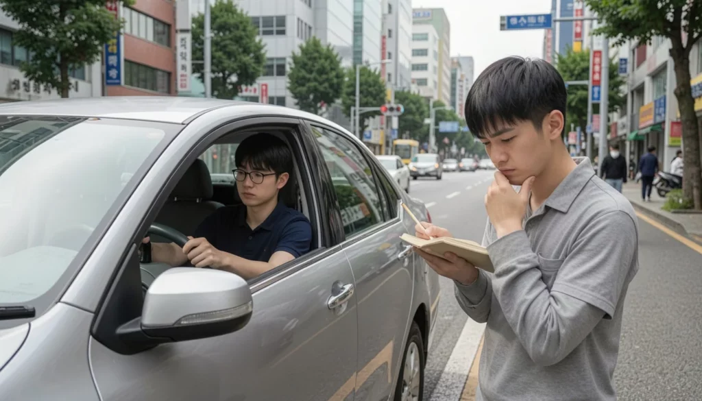 운전면허 취득 학원 독학 초보 운전자, 운전학원 차량 옆에서 독학 연습 비교하는 장면이다