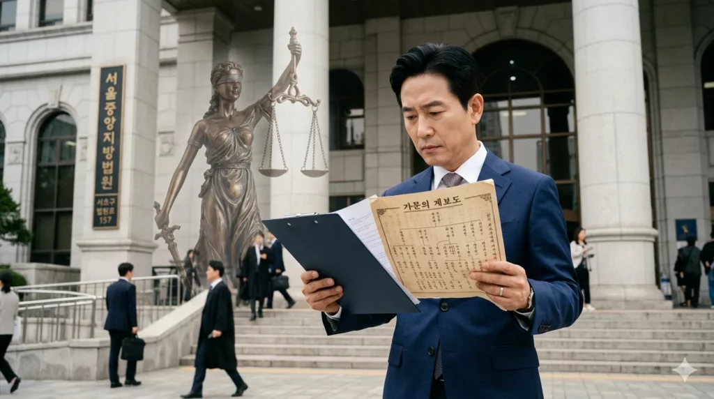 유류분 반환 청구 대처 법원 앞에서 서류를 확인하는 중년 남성이 심각한 표정이다
