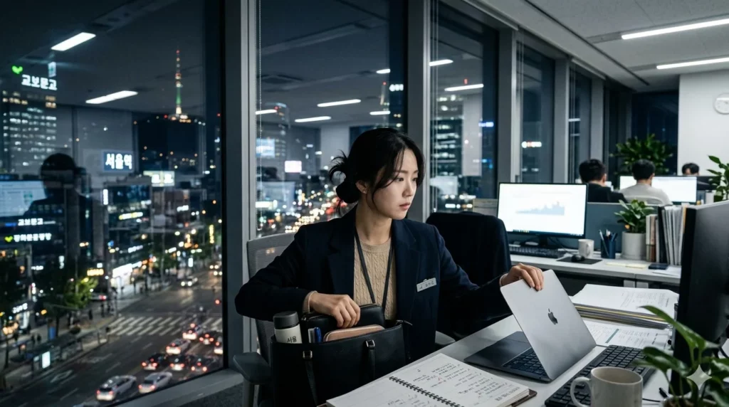 유연근무제 활용 전략 여직원이 노트북과 일정표 보며 퇴근 준비한다. 사무실 밖은 밤이다
