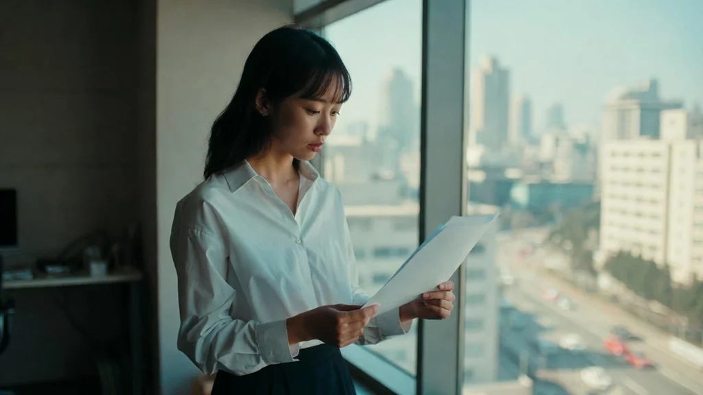 인턴 퇴사 인수인계 고민하는 여자 인턴이 서류를 사무실에서 보고 있다.