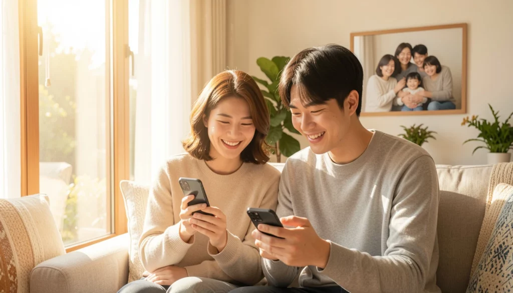 정부 민생지원금 거실에서 스마트폰으로 정부24 지원금을 신청하며 환하게 웃고 있는 30대 부부이다