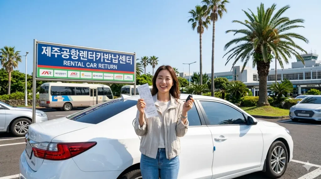 제주도 렌터카 반납 기름값 제주 공항 렌터카 반납 센터 앞에서 주유 영수증을 손에 들고 여유롭게 웃는 30대 여성 여행객이다
