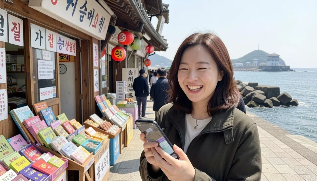지역사랑상품권 10% 할인 앱으로 전통시장에서 결제하는 30대 여성이다