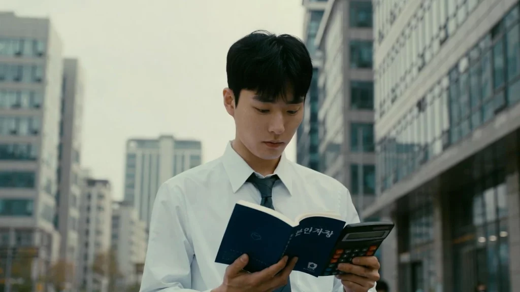 청년도약계좌 조건 확인하여 계산기로 금액 계산하는 청년이다. 고층 빌딩 사이에서 검토하고 있다