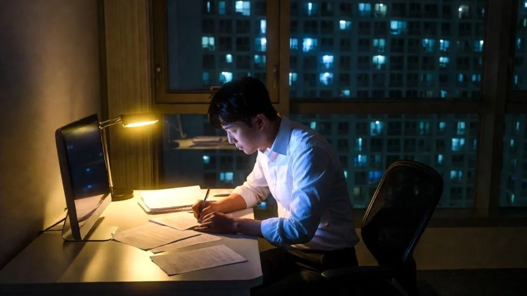 층간소음 내용증명 양식 밤에 남성이 아파트 책상에 앉아서 내용증명 서류를 작성 중인 야밤이다