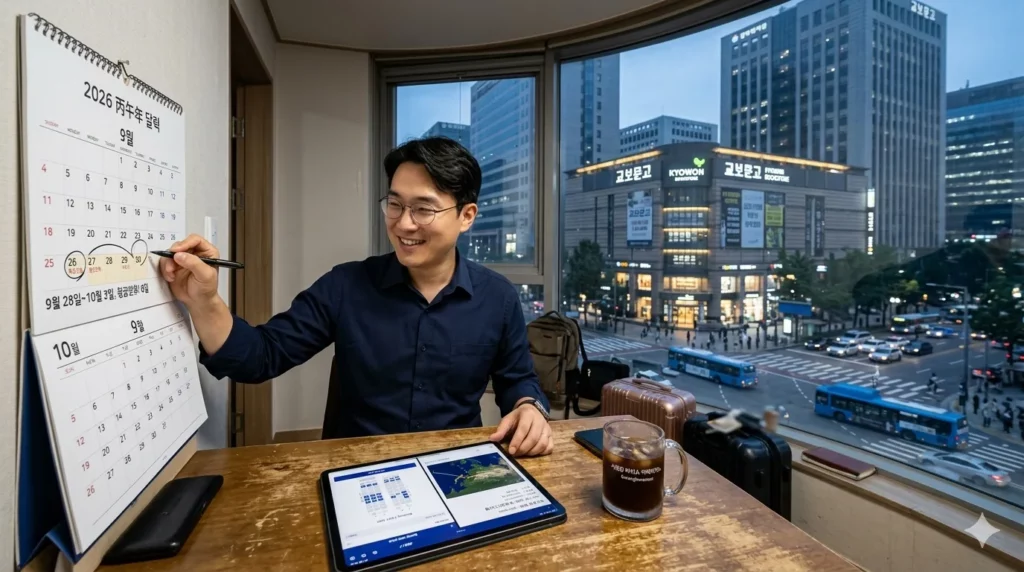 2026년 대체공휴일 확인해서 달력에 체크하는 직장인이 매우 흡족한 모습이다.