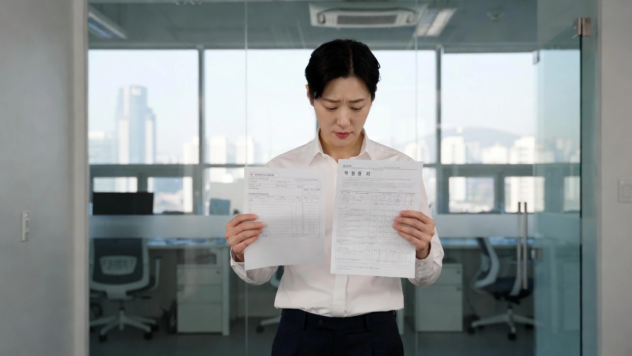 2026년 최저임금 국민연금 인상 급여명세서를 확인하는 여직원이 사무실에서 서류를 검토하고 있다.