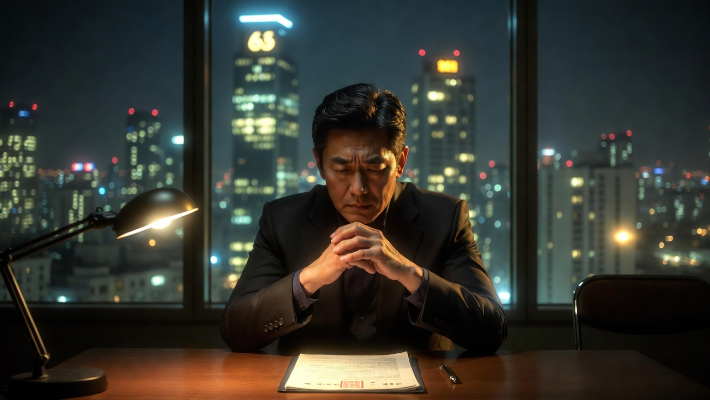 경영상 해고 요건 네 가지 요건을 사무실에서 혼자 확인하는 40대 가장의 모습이다. 빌딩 숲 사이 어둡고 고요한 밤이다