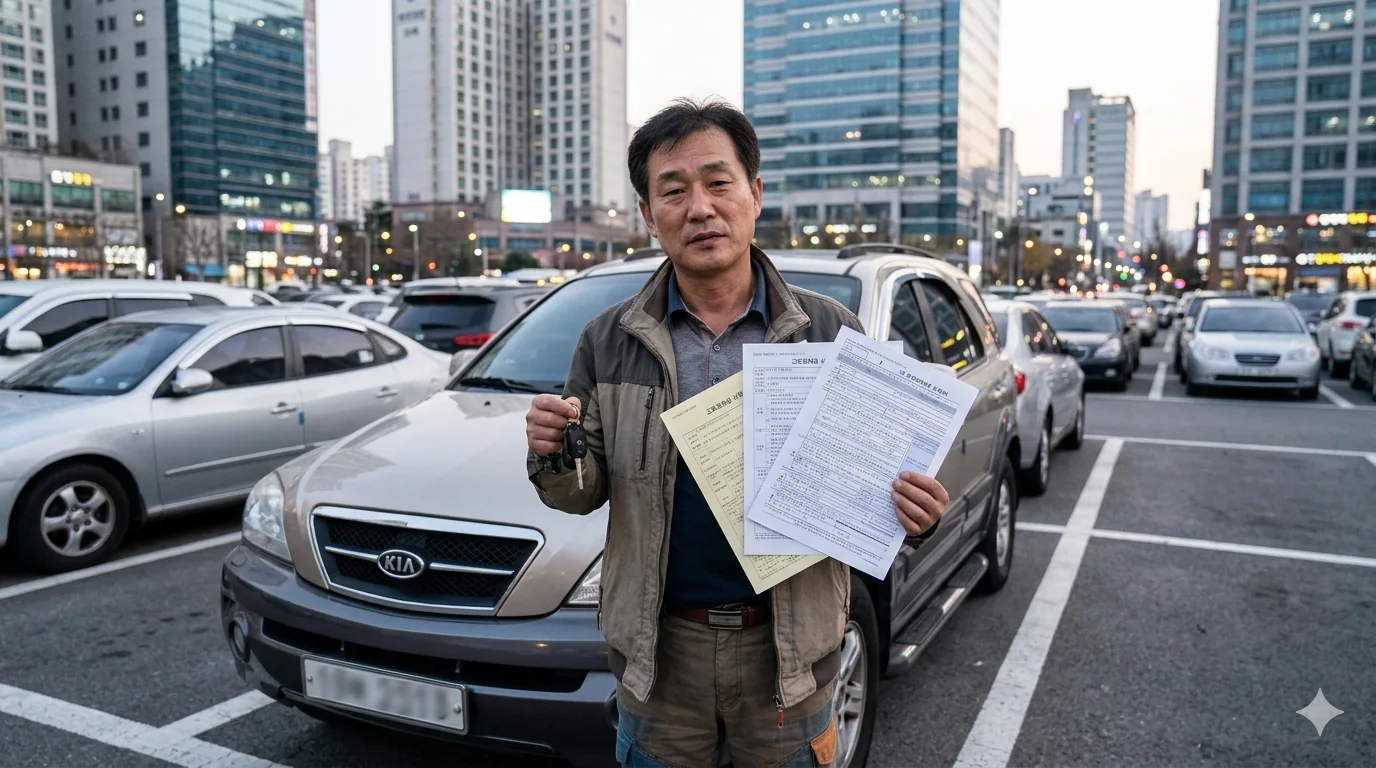 근로장려금 자동차 차량 가액 조회 남성이 차 앞에서 서류를 들고 있다