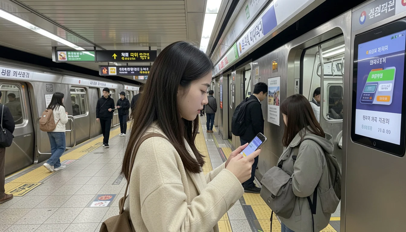 기후동행카드 구매 서울 지하철역 판매처에서 동행카드를 구매하고 아이폰 티머니 앱에 등록하는 여성이다
