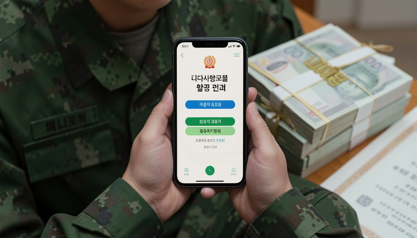 병사 내일준비적금 전역 군복 입은 병사가 스마트폰으로 나라사랑포털 가입 증명서 발급하는 모습이다