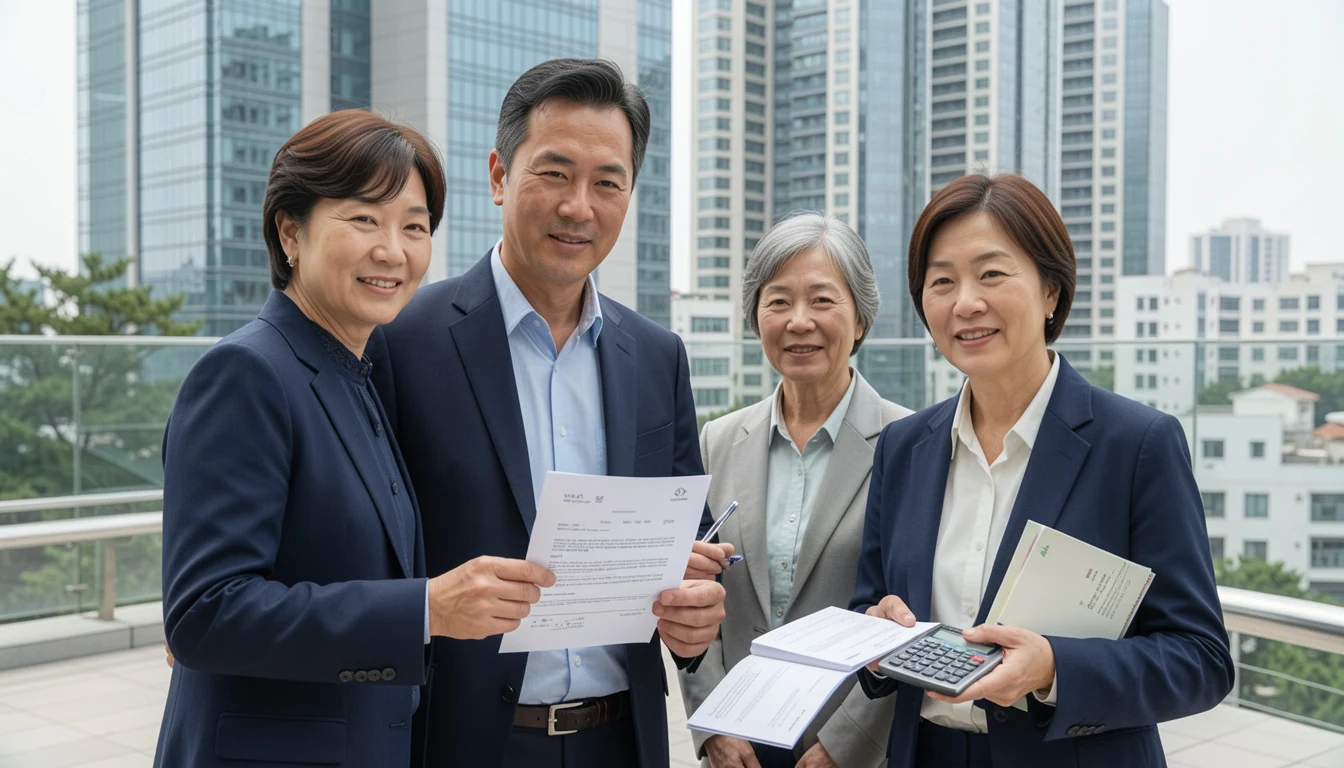 부동산 자금출처 조사 부동산 계약서와 차용증 서류를 들고 부모와 함께 앉아 있는 30대 남성이다