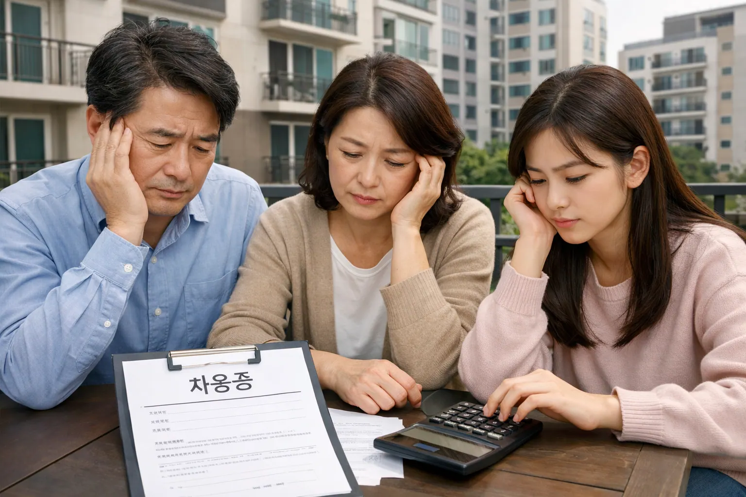 부동산 증여세 피하는 법 가족 세명이 머리를 맞대고 차용증 작성하고 있다