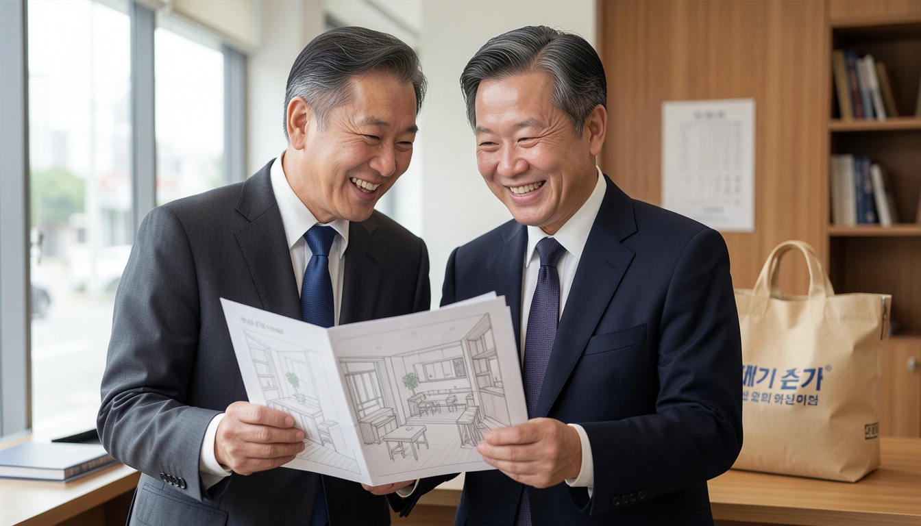 소상공인 손실보전금 폐업을 정리하고 밝은 표정으로 새로운 가게 인테리어를 구상하는 중년 사장님이다