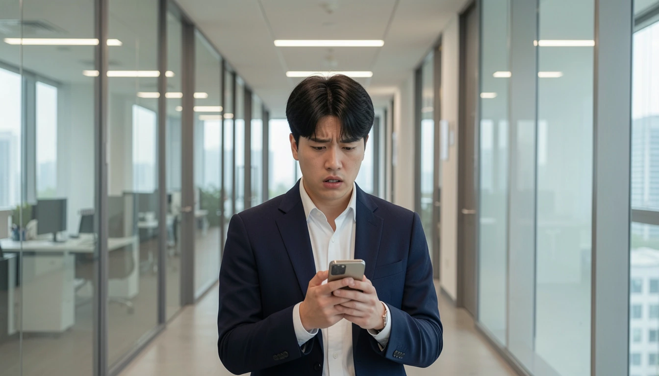 수습기간 해고 불법 여부 통보 문자를 받고 사무실 복도에서 스마트폰을 바라보며 당황한 표정의 20대 직장인이다