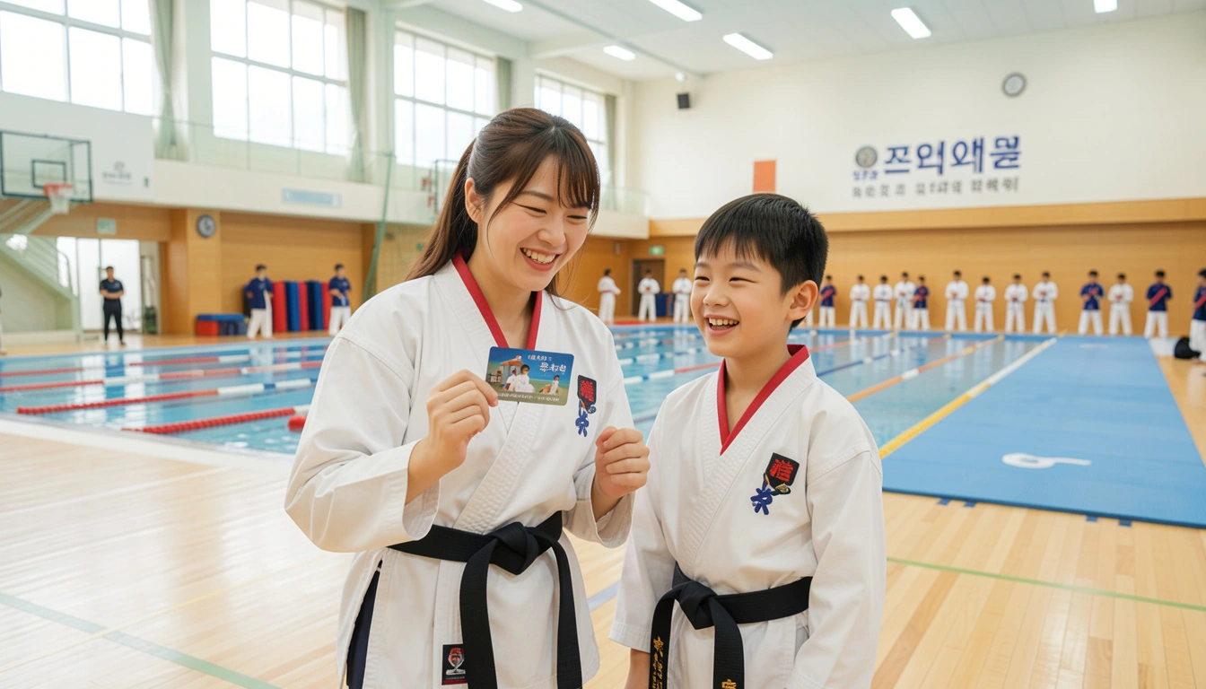 스포츠 바우처 학원비 밝은 체육관에서 스포츠 바우처 카드를 손에 든 엄마와 태권도복을 입은 초등학생 자녀의 모습이다