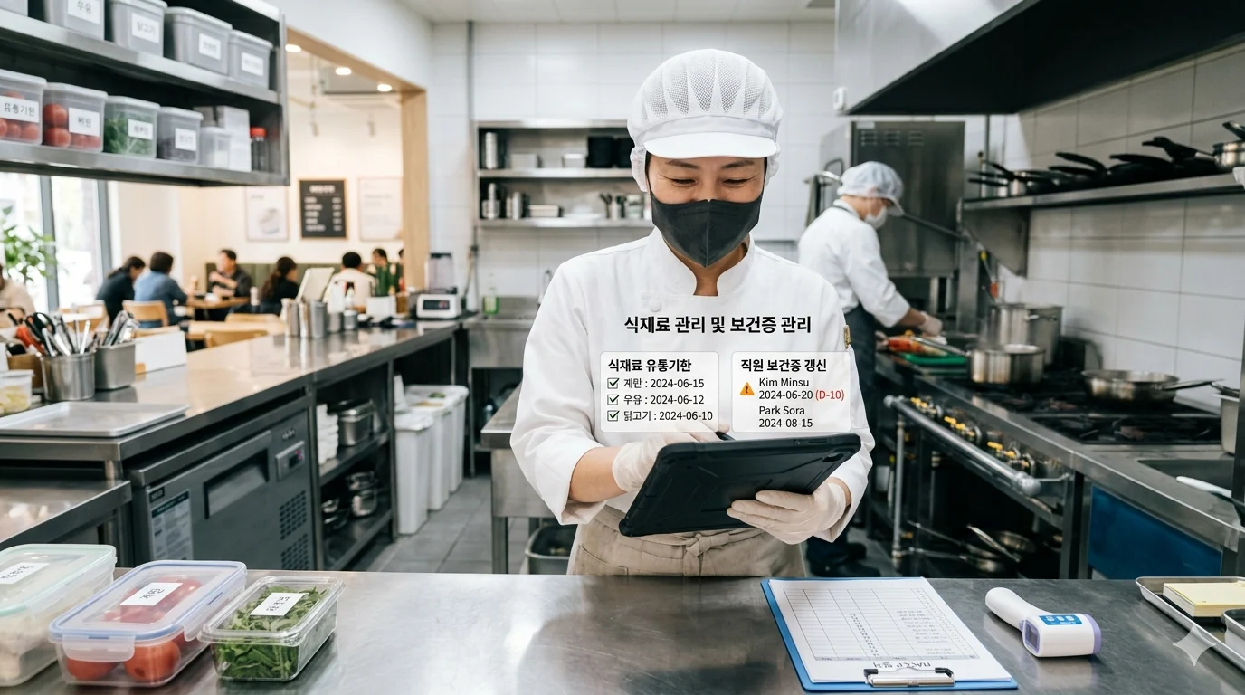 식품위생법 위반 영업정지 청결한 오픈 주방에서 위생모와 마스크를 착용한 사장님이 디지털 태블릿으로 식재료 유통기한과 보건증 갱신 날짜를 꼼꼼히 체크하는 모습