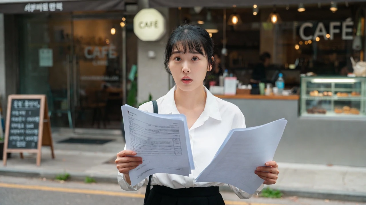 알바 근로계약서 미작성 젊은 여성이 카페 앞에서 서류 검토 중이다.