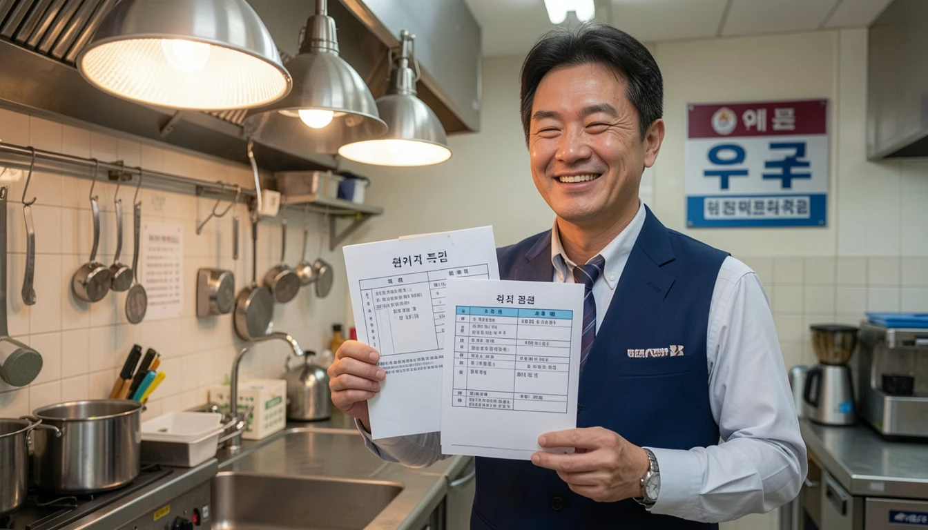 음식물 배상책임보험 깔끔한 식당 주방에서 안심하는 표정으로 보험 증권과 위생 점검표를 함께 확인하는 40대 남성 사장님이다