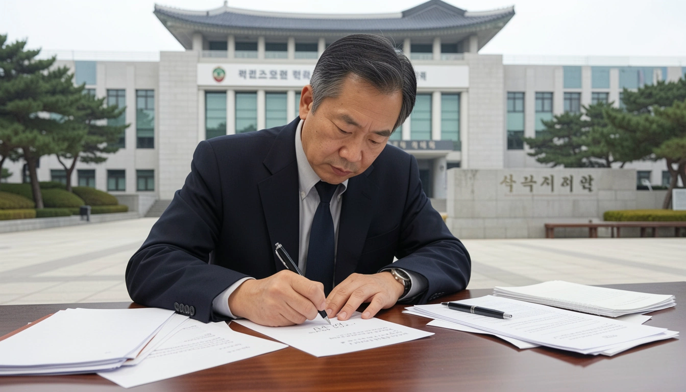 음주운전 반성문 손으로 진지하게 쓰는 40대 남성, 책상 위에 서류와 펜이 있다