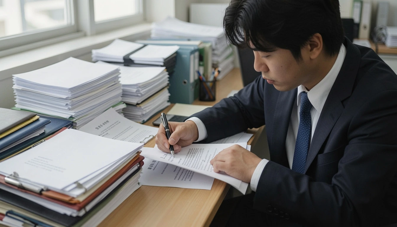 전세 등기부등본 확인법 공인중개사 사무소에서 등기부등본과 계약서를 꼼꼼히 비교하는 30대 직장인 남성의 모습이다