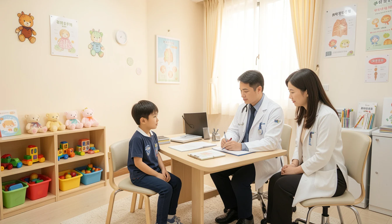 청소년 ADHD 진단 소아청소년 정신건강의학과 상담실에서 의사와 마주 앉은 초등학생 아이와 옆에서 지켜보는 엄마의 모습이다