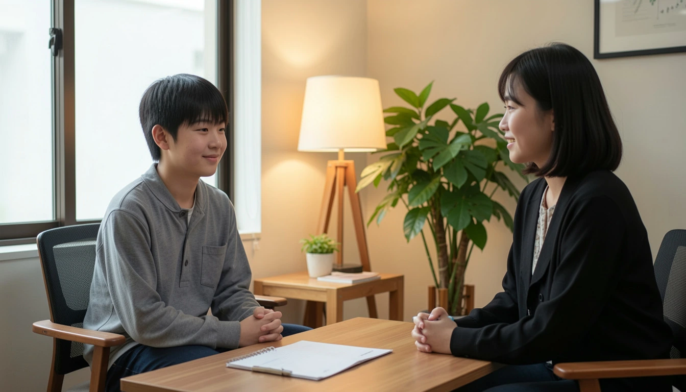 청소년 정신건강 바우처 심리상담사와 마주 앉아 편안하게 이야기 나누는 중학생 청소년의 모습이다
