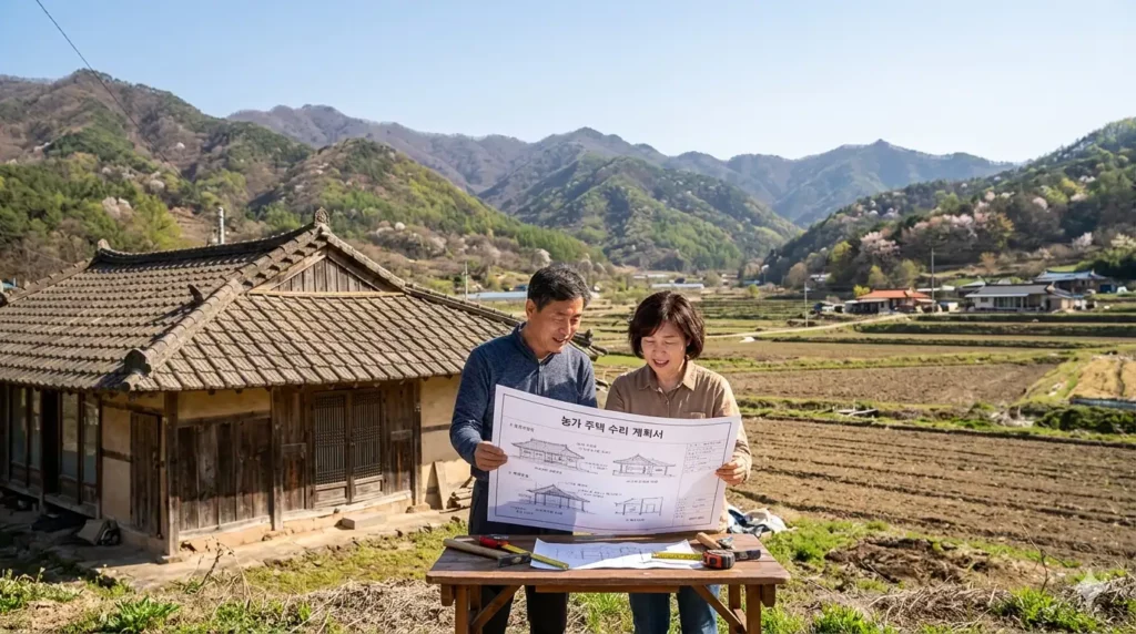 강원도 귀촌 지원금 산촌으로 이주한 50대 부부가 오래된 농가 주택 앞에서 수리 계획서를 펼쳐보는 장면이다