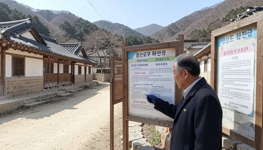강원도 민생지원금 신청 화천군 배경으로 중년 주민이 읍내 주민센터 게시판의 민생지원금 공고문을 확인하는 장면이다