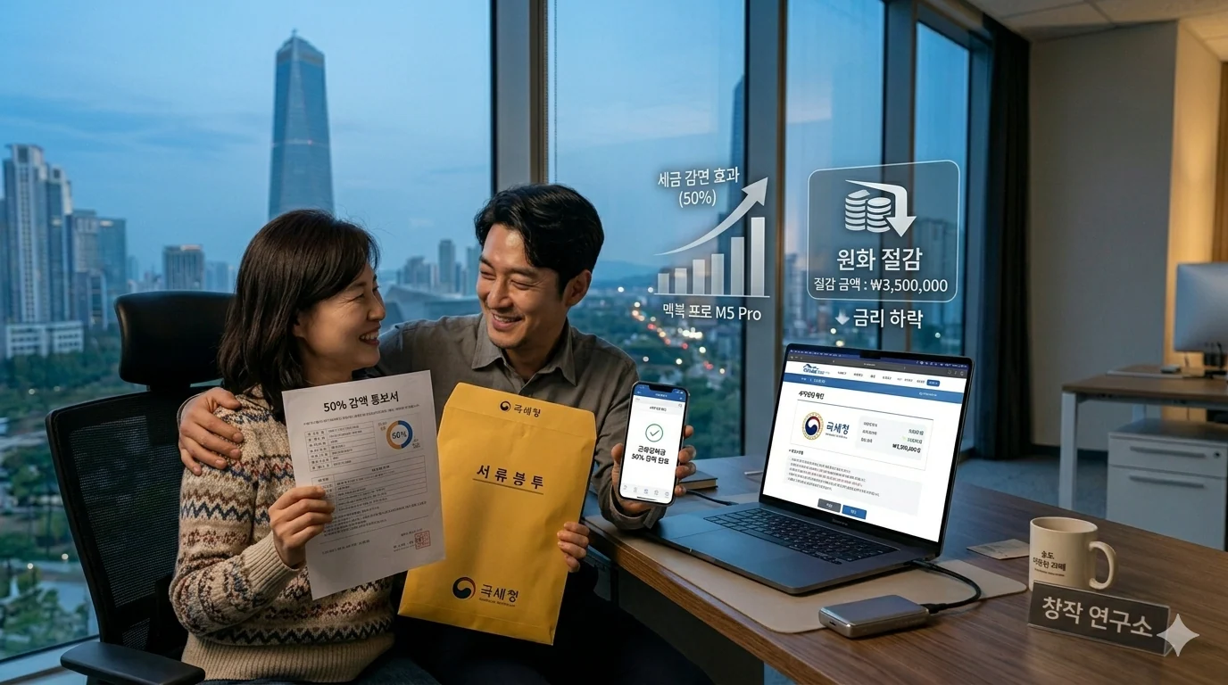 근로장려금 50% 감액 통보 통보서와 서류 봉투 들고 안도하는 맞벌이 부부