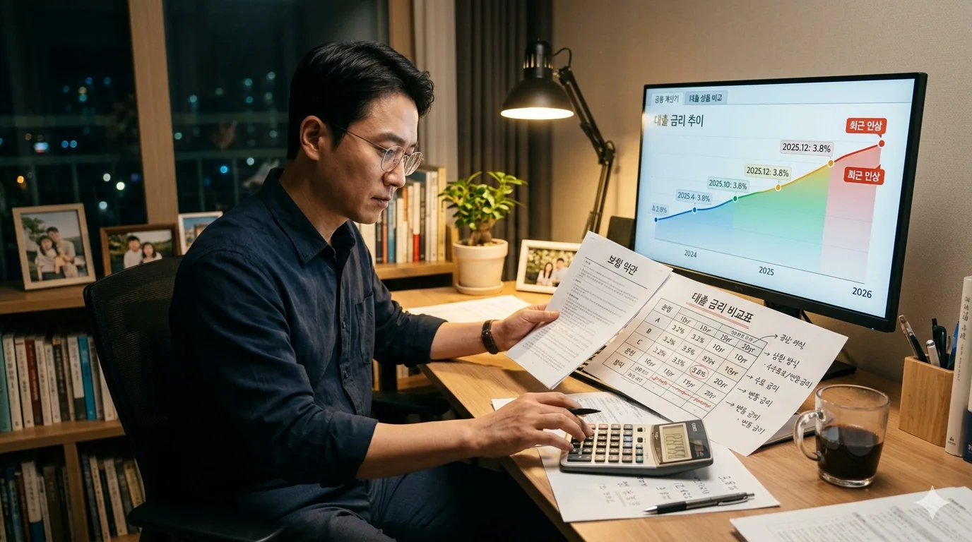 보험계약대출 금리 비교 서재에서 보험 약관과 대출 금리 비교표를 살피며 계산기를 두드리는 40대 직장인 모습이다