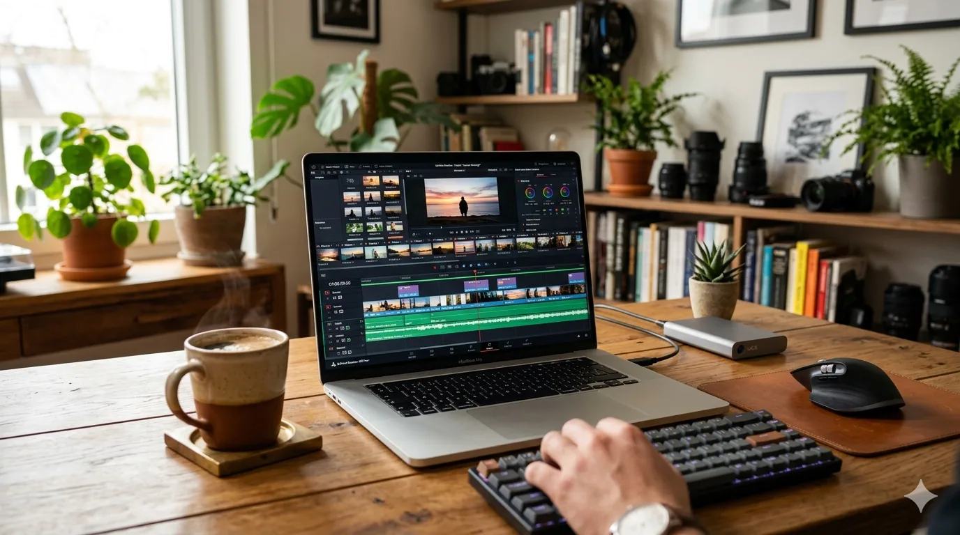 영상 편집자 맥북 프로 M5 Pro 24GB 원목 책상 위에 놓인 실버 맥북 프로 M5 Pro 화면에 복잡한 타임라인의 영상 편집 프로그램이 실행 중이다