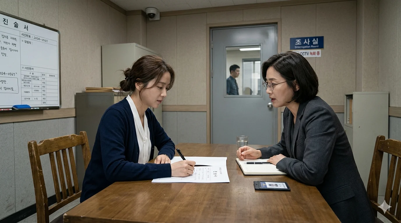 경찰 조사실에서 변호사의 조언을 들으며 차분하게 진술서를 작성하는 여성이다