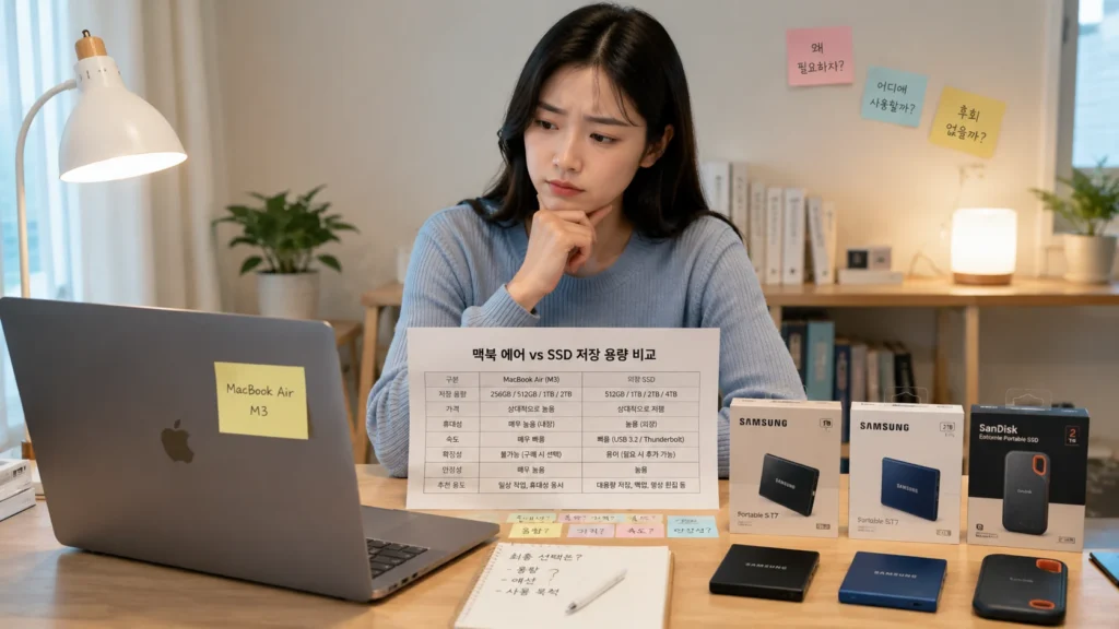 맥북 에어 M5 저장 용량 SSD 저장 용량 비교하는 20대 여성이 책상 위에 놓고 고민