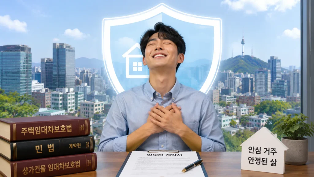 집주인 파산 소액임차인 계약서를 앞에 두고 안도하는 표정의 젊은 임차인이다