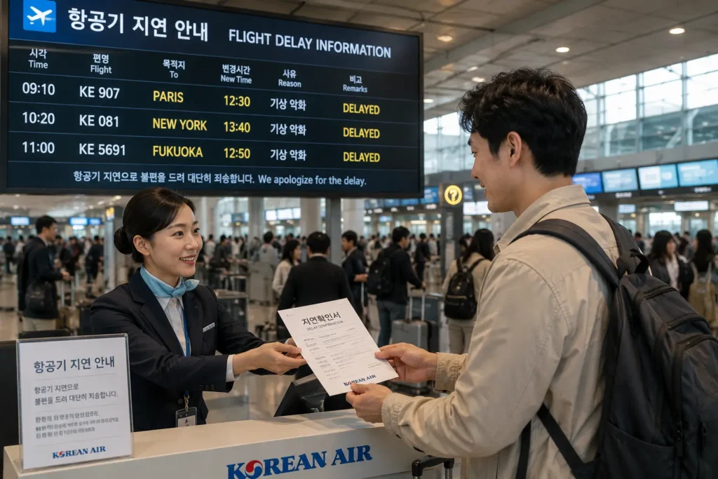 해외여행보험 비행기 지연 항공사 직원과 지연확인서 받는 한국인 여행자 모습이다