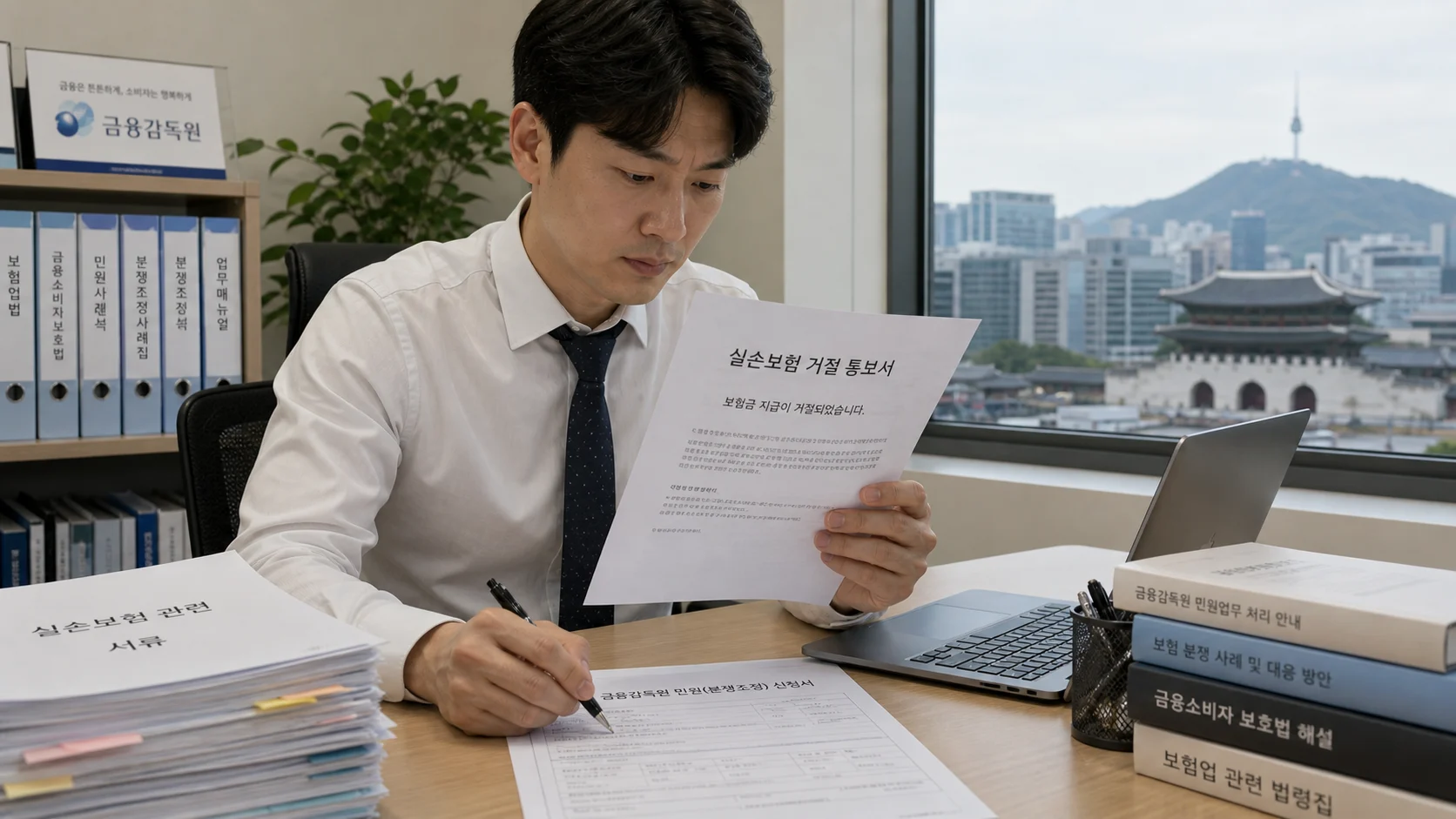 실손보험 청구 거절 통보서를 들고 금융감독원 민원 서류를 작성 중인 직장인이다