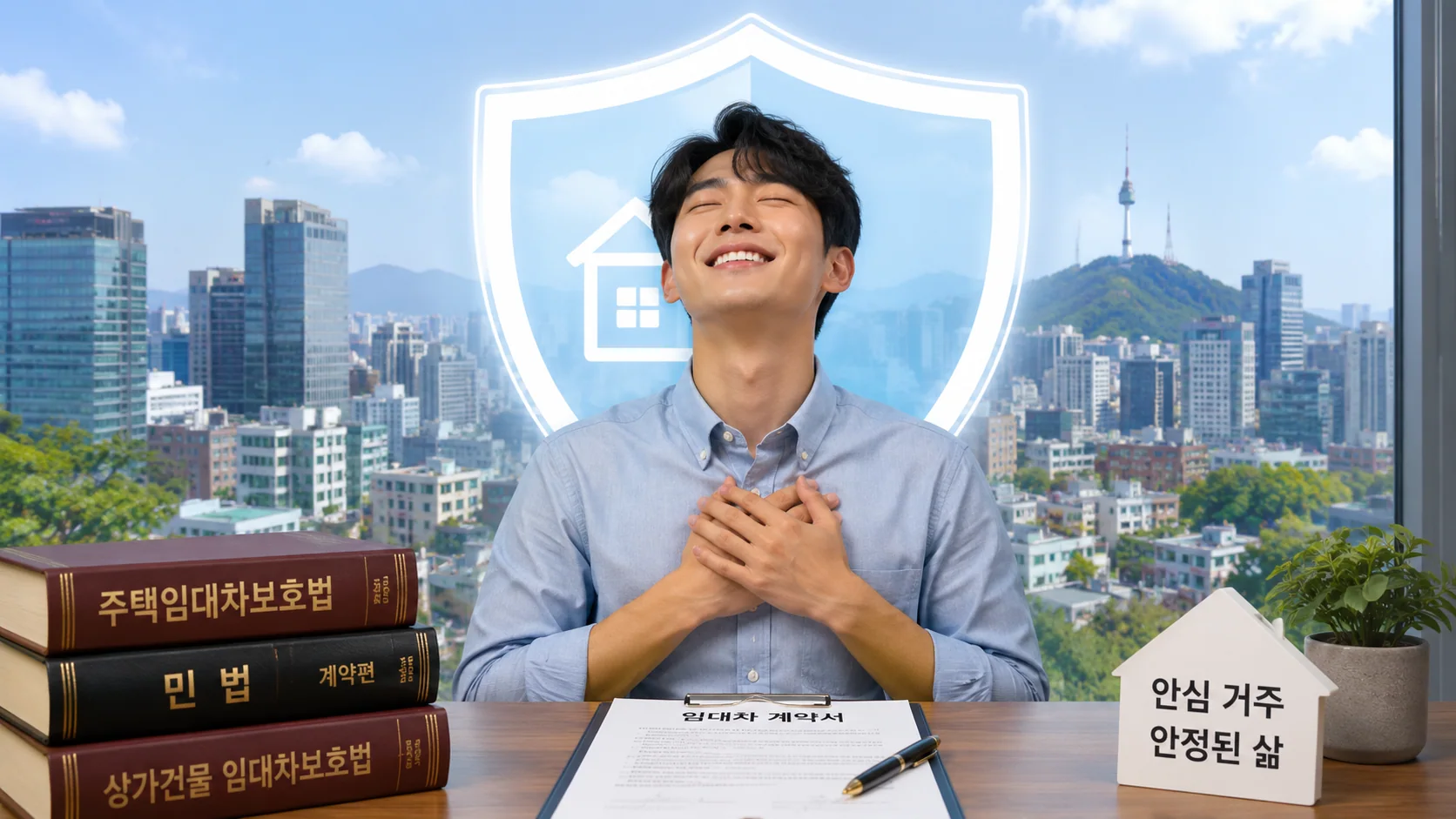 집주인 파산 소액임차인 계약서를 앞에 두고 안도하는 표정의 젊은 임차인이다