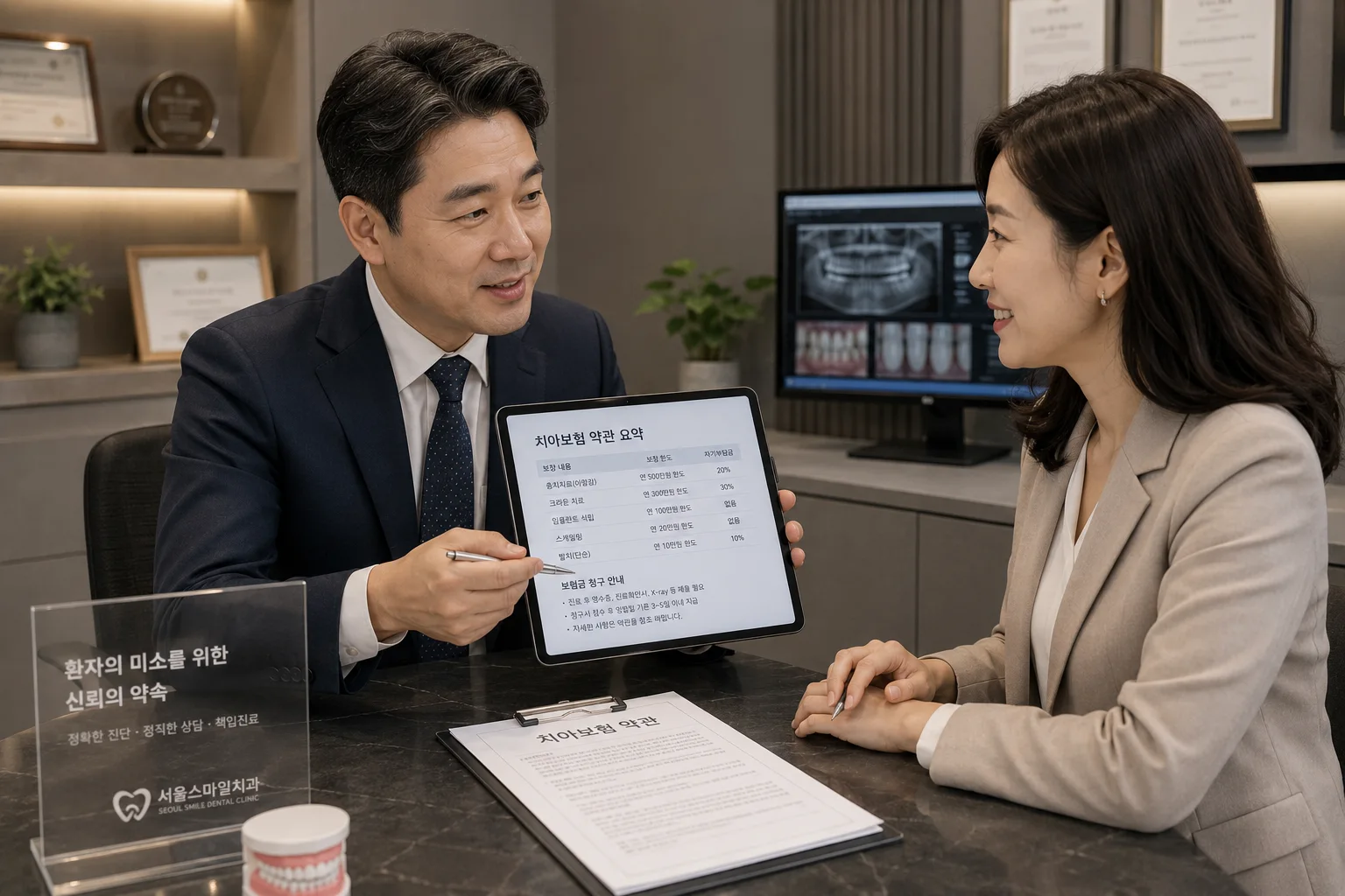 치아보험 청구 상담실에서 남성이 태블릿 PC로 보험 약관을 보여주며 친절한 미소의 상담실장과 서류 문구에 대해 대화한다