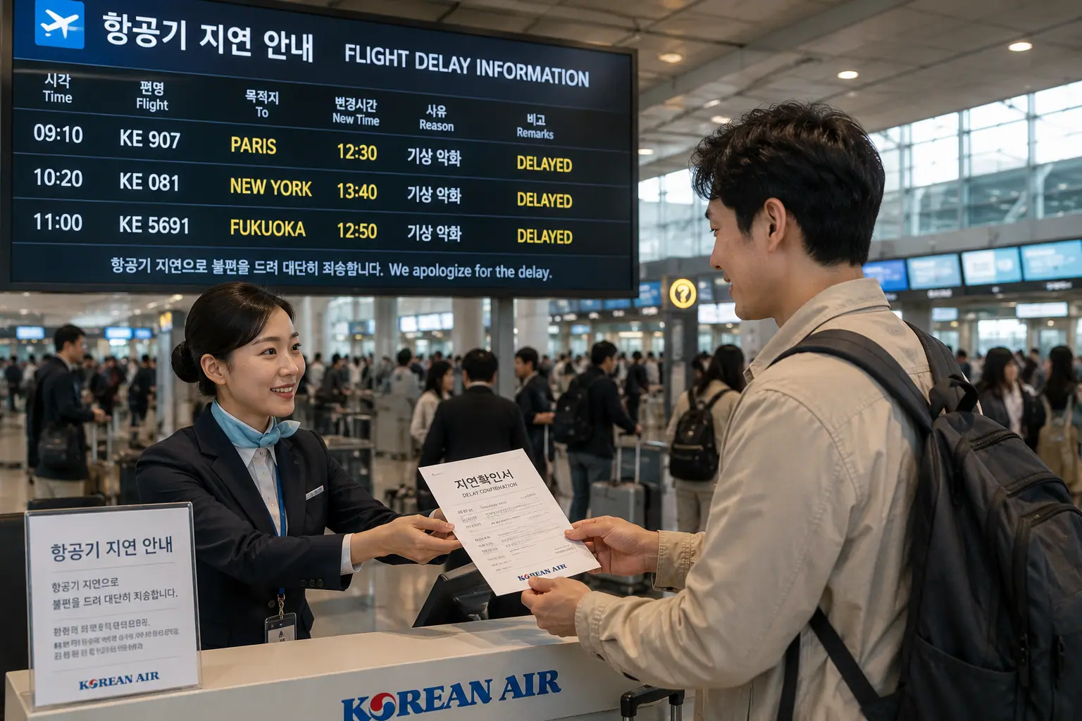 해외여행보험 비행기 지연 항공사 직원과 지연확인서 받는 한국인 여행자 모습이다