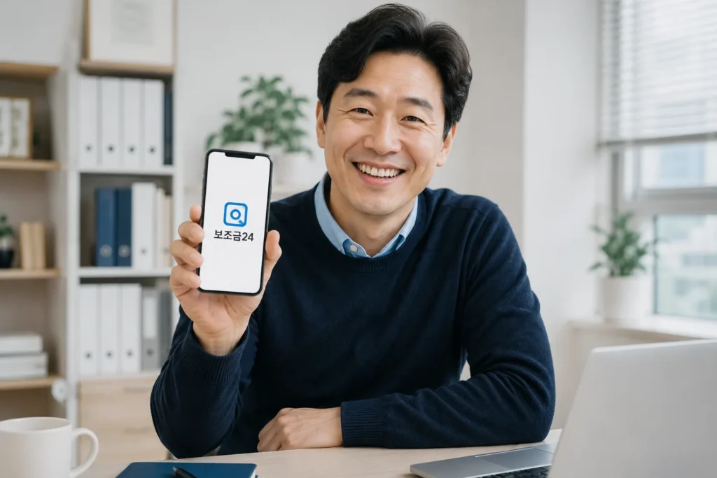 보조금24 스마트폰 화면에 보조금24 로고가 뜨고 환하게 웃는 40대 남성의 모습